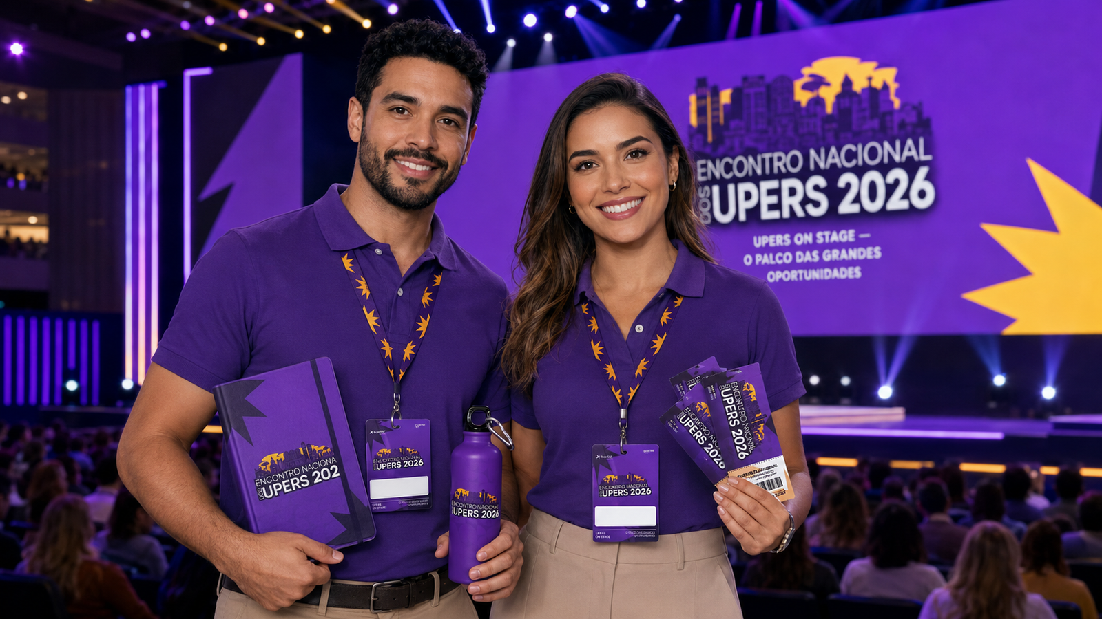 Participantes do EN.UPERS 2026 com o kit oficial: caderno, garrafa e ingresso
